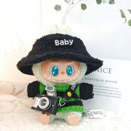 LABUBU Fashion Clothing-Cute Green Striped Sweater + Hat + Camera|O024