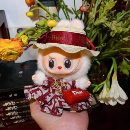 LABUBU Fashion Clothing-Dior Style Red Dress + Straw Hat|O004